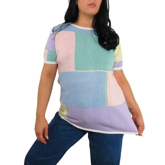 1980s Blair Pastel Color Block Short Sleeve Knit Top Large - Picture 1 of 7